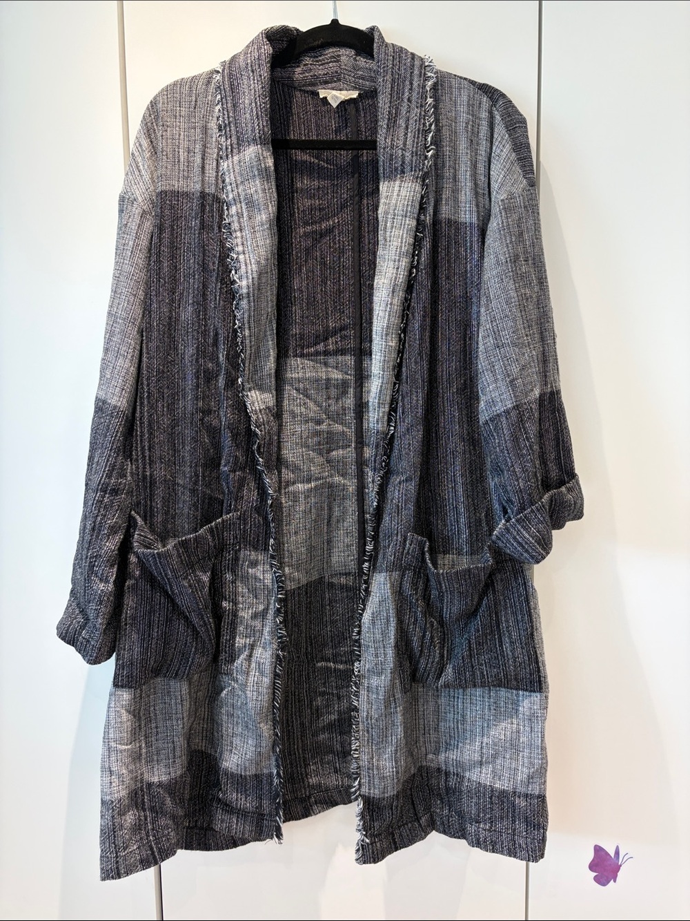Eileen Fisher Textured Open-Front Patchwork Cardigan Jacket - Gray & Charcoal